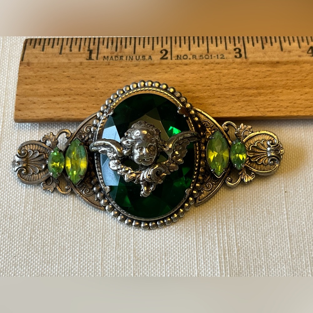 Vintage Art Deco Style Large Silver-Tone Cherub & Faux Gemstone Brooch